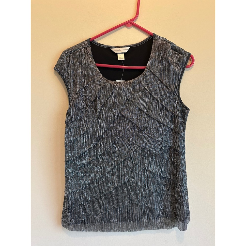 Christopher & Banks Womens Silver Metallic Chevron Pleated Sleeveless Blouse M